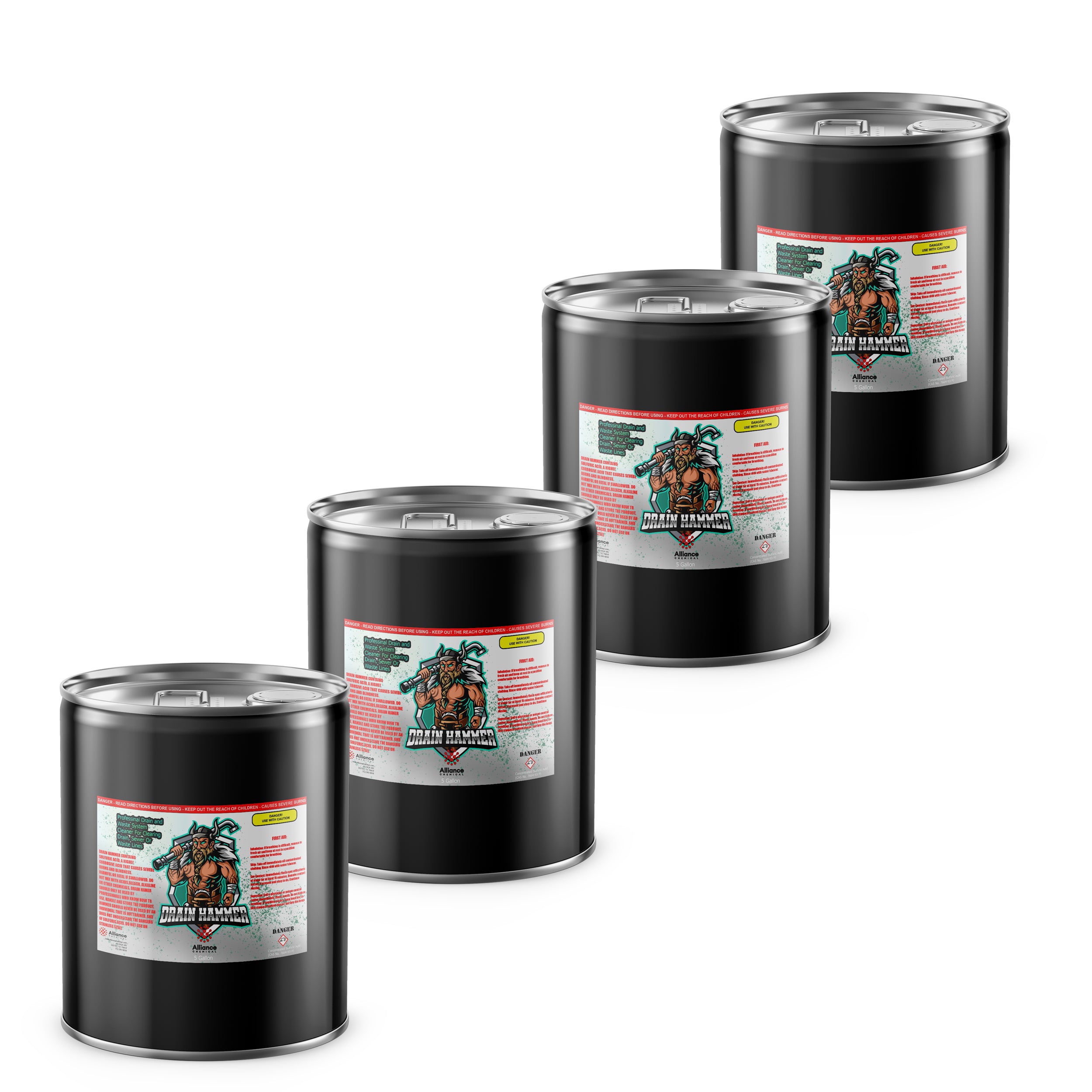 20-gallon (4x5) industrial Drain Hammer sulfuric acid drain cleaner in black cylindrical drums with safety labels and sealed tops, HAZMAT compliant.